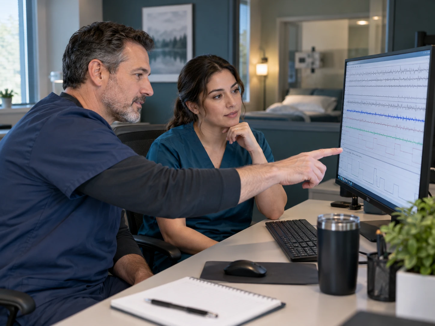 Illustrative scene of a preceptor and adult trainee reviewing sleep-study waveforms together