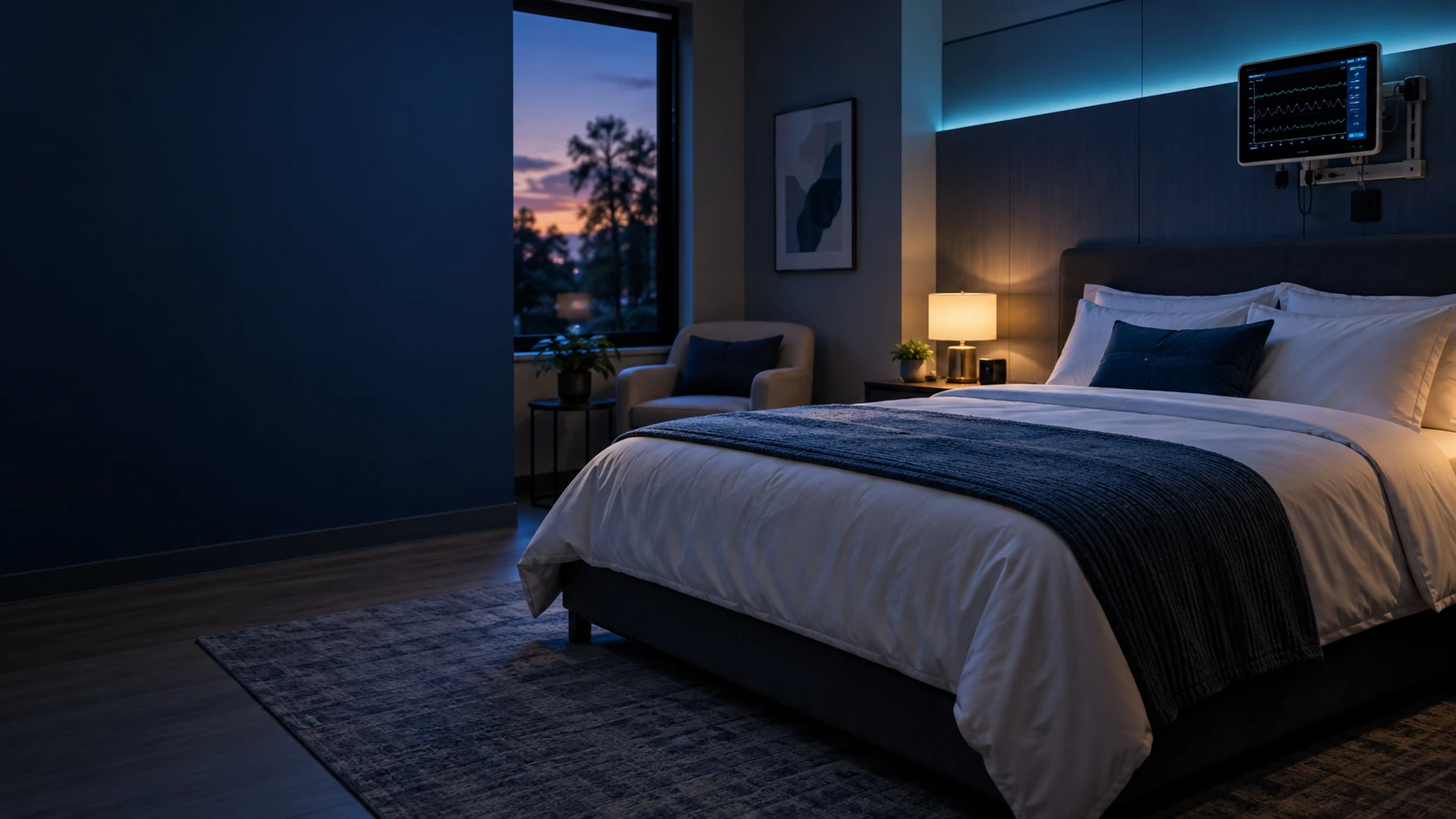 Illustrative view of an unoccupied sleep laboratory room at dusk